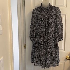 Women's Taylor Dress, Tiered Ruffle Mock Neck Black White Animal Print, Small